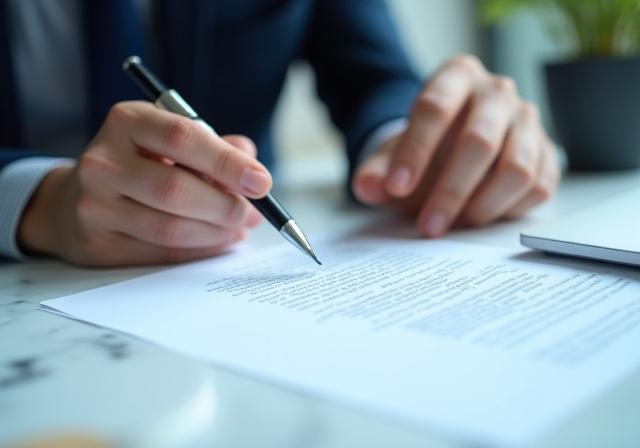Close-up of a legal professional drafting a commercial agreement on a clean desk